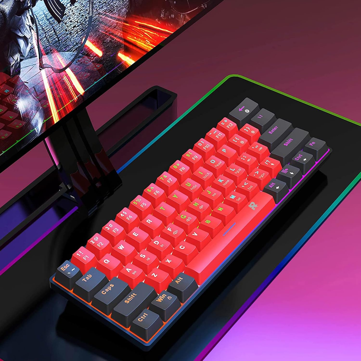 ROCK POW Wired Mechanical PC Gaming Keyboard, LED Backlit 61 Keys Small Wired Office Mechanical Mini Keyboard for Windows Laptop PC Mac (Black-Red, Blue Switches) image number 4