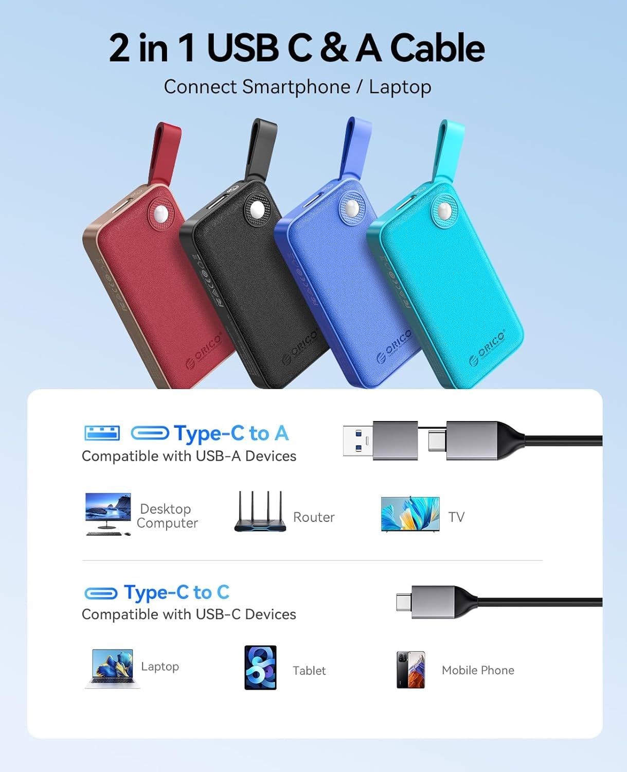 ORICO 1TB Portable SSD, up to 2000Mb/S, USB 3.2 Gen 2X2, Ultra-Mini, Compact with 2 in 1 USB C Cable, External Solid State Drives, Reliable Storage for USB C Smartphone, Tablet, PC - B20 image number 5