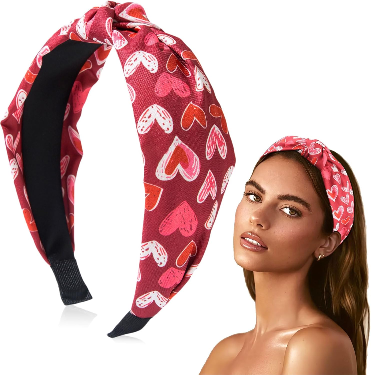 Valentines Headband for Women Girls, Graffiti Love Heart Hair Band, Pink Red Hearts Headbands Wide Knotted Non Slip Hair Accessories Valentines Day Wedding Party Supplies Romantic Decor