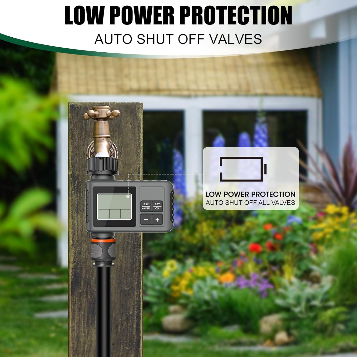 HUAJUN Water Timer for Garden Hose, Programmable Digital Sprinkler Timer with Manual & Automatic Modes, Tap Timer Outdoor with IPX5 Waterproof Design and Rain Delay for Yard, 1 Outlet image number 2