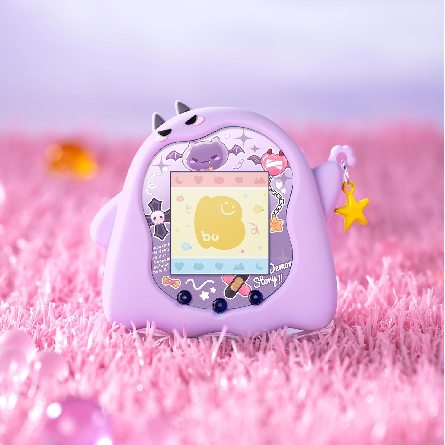 BUBBLELOGUS Soft Silicone Protective Case for Tamagotchi Uni with Wrist Strap and Faceplate Sticker - Cute Devil（Purple） image number 1