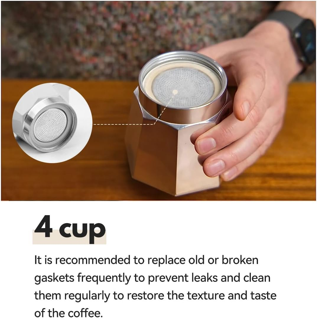 Stainless Steel Moka Pot 4 Cup Filter Screen and Replacement Silicone Gasket Seals Set for Stovetop Espresso Coffee Makers image number 5