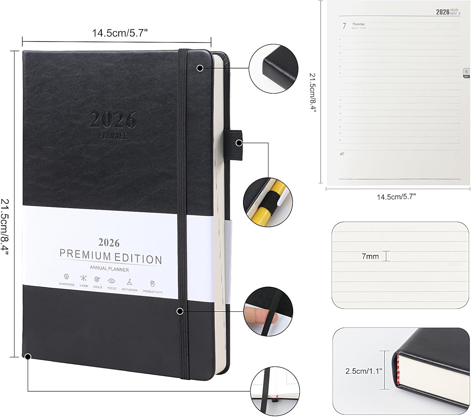 2026 Academic Diary - Daily Planner A5 Diary, Day per Page,Leather Academic Year Diaries from Jan to Dec, Self-Care 2026 Journal Notebook, Monthly Planner with Pen Loop (Black)
