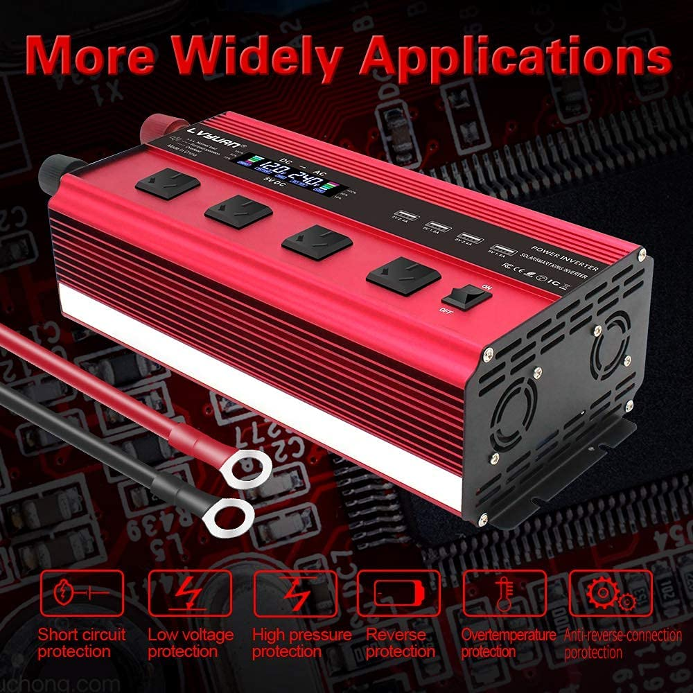 Yinleader 2500W DC 12V to 240V AC Power Inverter 4 AC Outlets W/Remote Control LCD Display 4 USB Ports Charge for Car/Boat/Truck image number 5