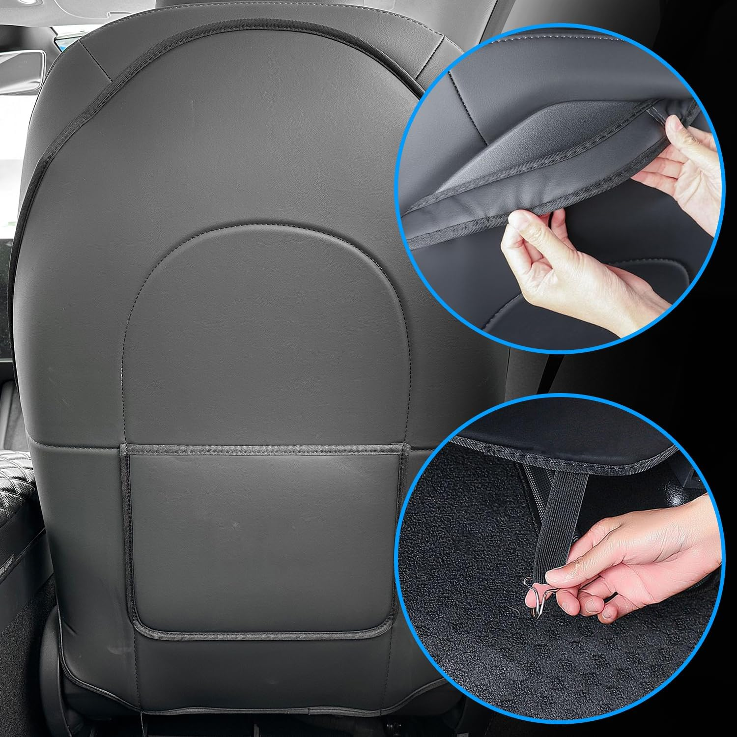 Seat Back Kick Protector for Tesla Model Y Model 3 Model S Model X Leather Backseat Mats for Kids Wear-Resistant Back Seat Cover with Extra Organizer Pocket 2 PCS -Black image number 6