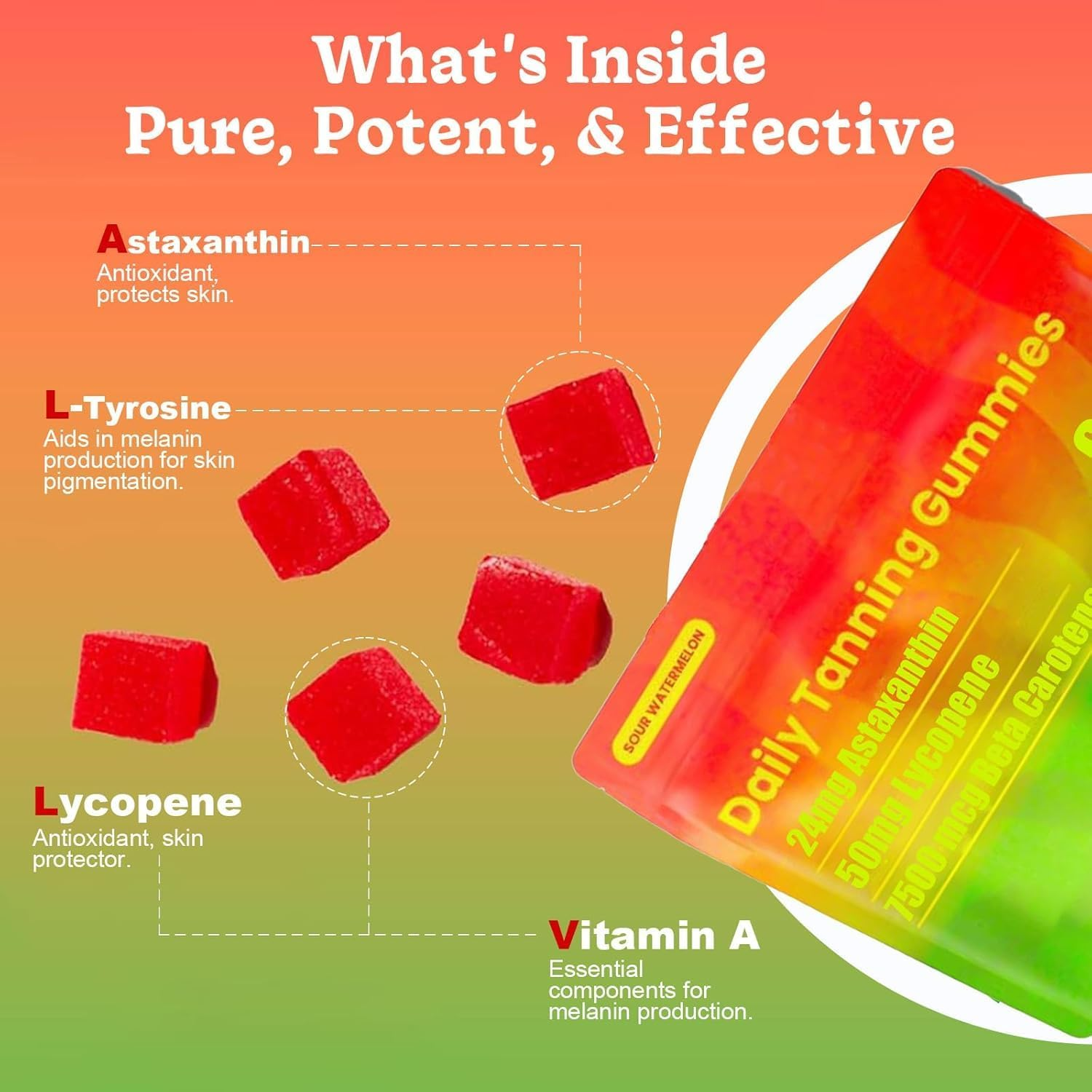 Tanning Gummies,Natural Tanning Gummies,Tanning Gummies with Astaxanthin,Lycopene & Beta Carotene for Skin Health & Glow,Vegan,Non-Gmo,60 Gummies image number 2