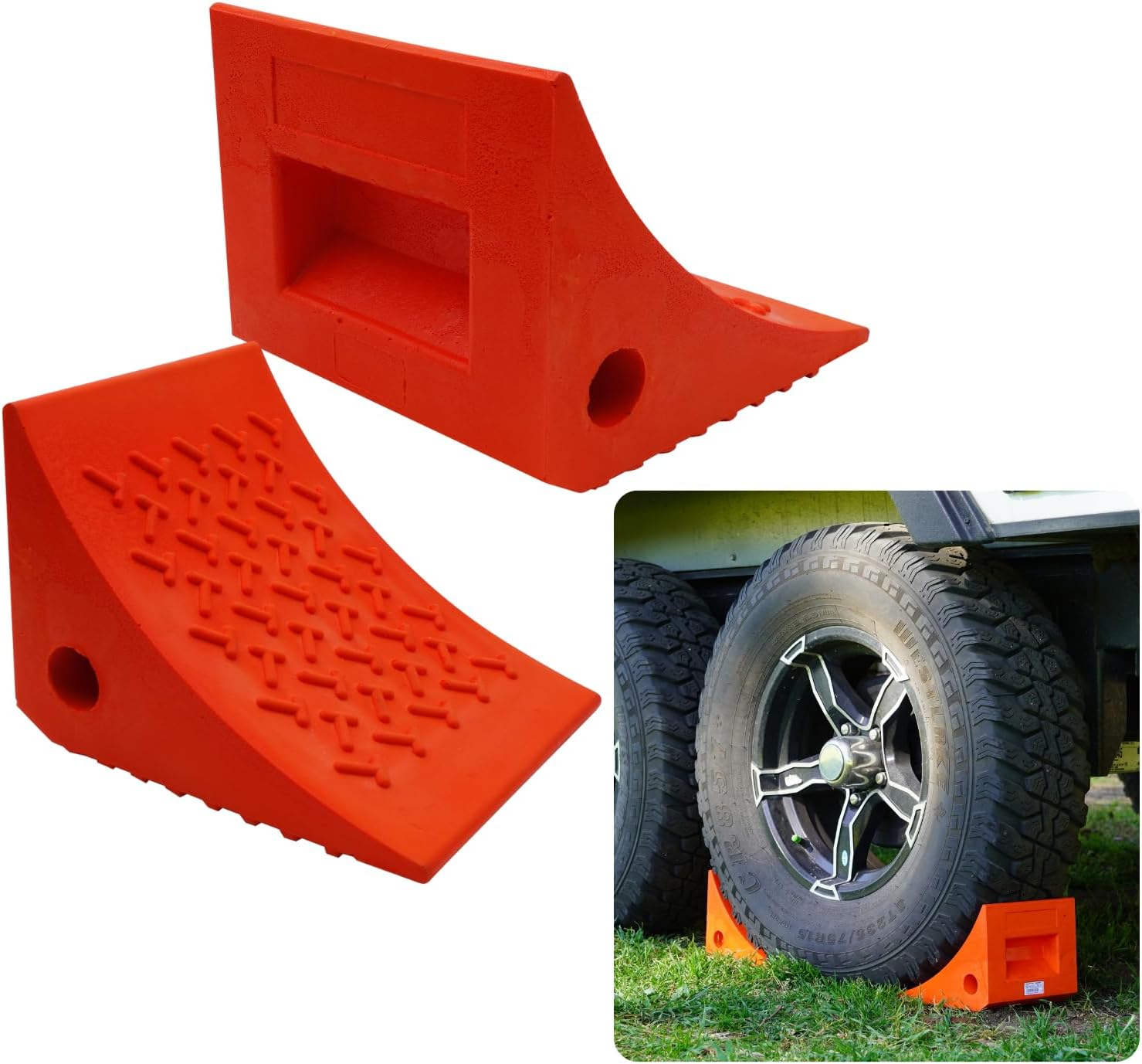 SECURITYMAN 2 Pack Wheel Chocks - Constructed of Heavy Duty Solid Rubber for 20,000 Lbs of RV, Trailer, Truck, Camper - Perfect on All Surfaces and in All Weather - Orange