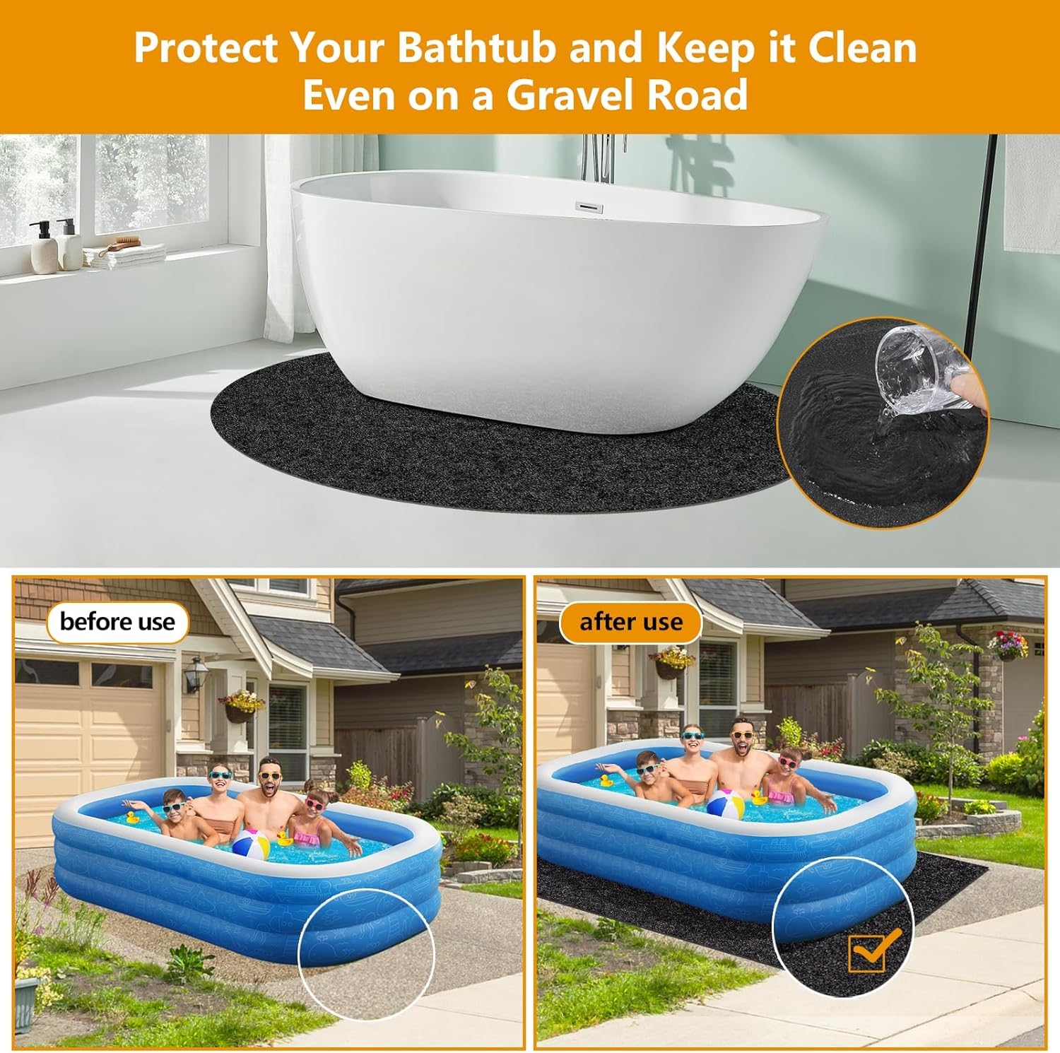 YUET 2.3M*2.3M Square Swimming Pool Pad, Inflatable Hot Tub Mat Outdoor Indoor, Waterproof Slip-Proof Backing, Absorbent Spa Pool Ground Base Flooring Protector Mat