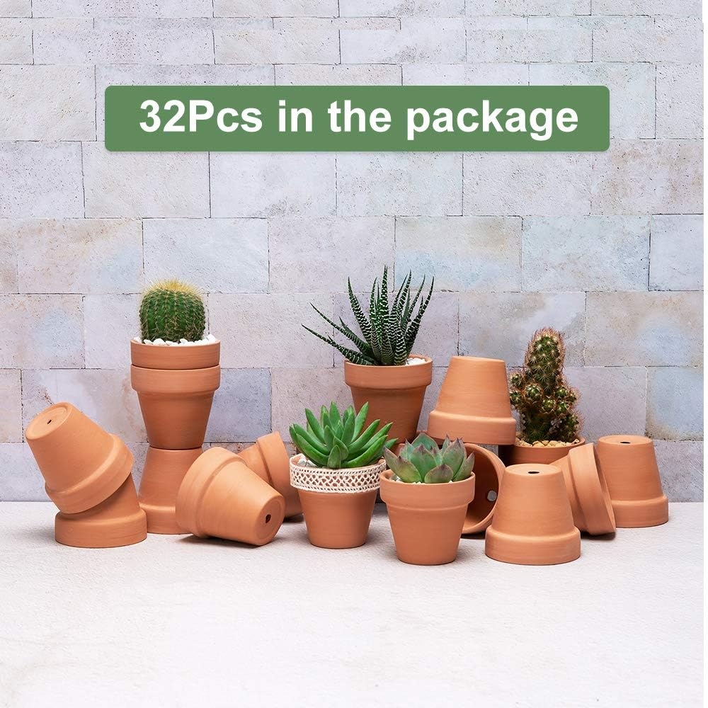 32Pcs Small Mini 2" Terracotta Pot Clay Ceramic Pottery Planter, Cactus Flower Nursery Terra Cotta Pots, with Drainage Hole, for Indoor/Outdoor Succulent Plants, Crafts, Wedding Favor