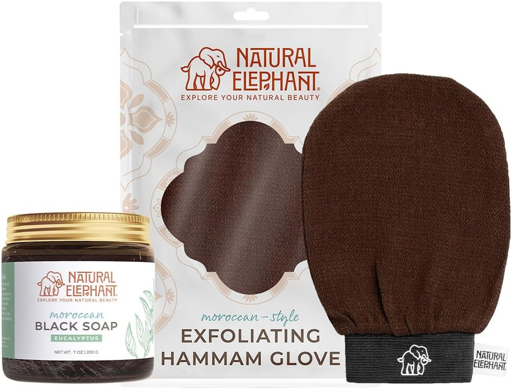 Natural Elephant Moroccan Black Soap 200G (7Oz) and Exfoliating Hammam Glove Combo (Pure Black)