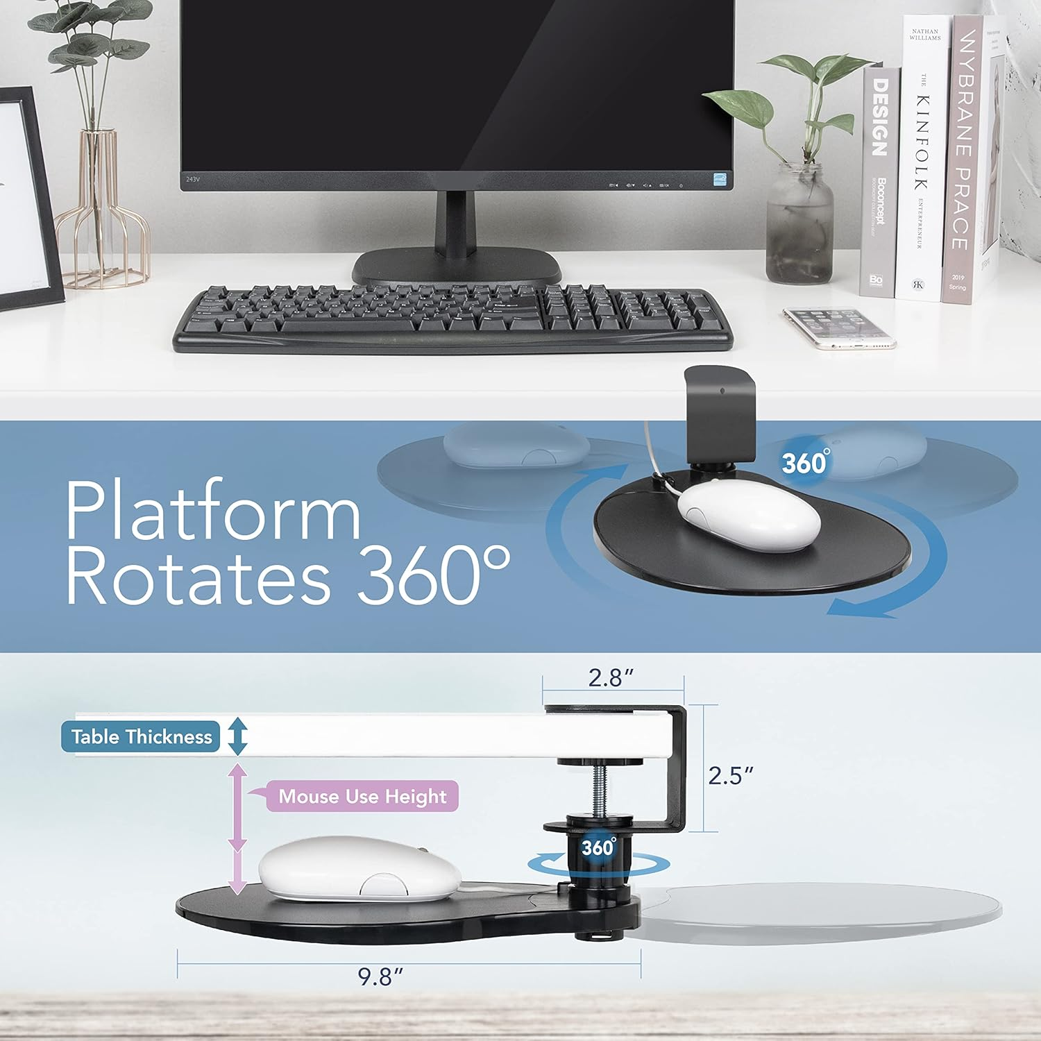 EHO Under-Desk Mouse Platform/Clip on Mouse Pad Rotating 360 Degree, Ergonomic Mouse Tray Attachment, Office Mouse Pad, Slide Out Mouse Tray Black