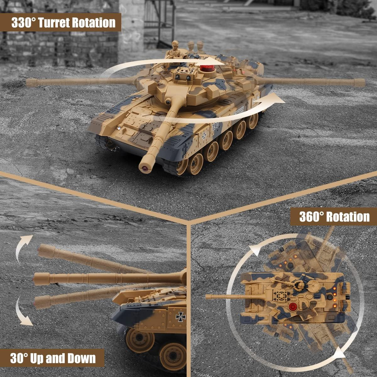 Fistone RC Battle Tank Set, 1/24 Scale 2.4G Remote Control T90 Tank and Leopard Battle Tank with Realistic Sounds, Lights, Life Indicators and Spray Military Toys for Kids and Adults image number 1