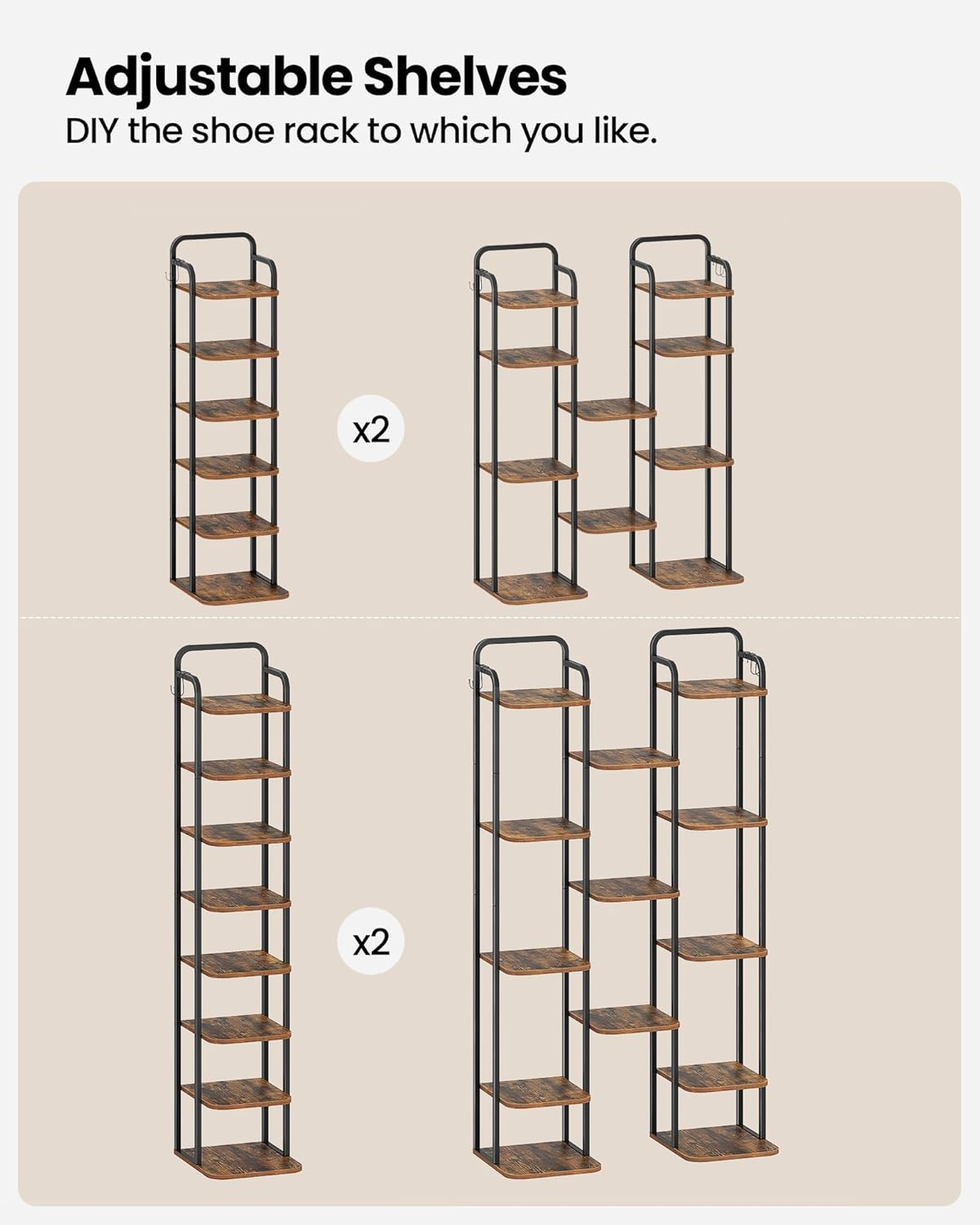 Hzuaneri Vertical Shoe Rack, Shoe Shelves, Wood Shoe Organizer for Closet, Entryway, Shoe Tower for Small Spaces, Free Standing, Adjustable, with 2 Hooks, 8 Tier Rustic Brown SR04301B