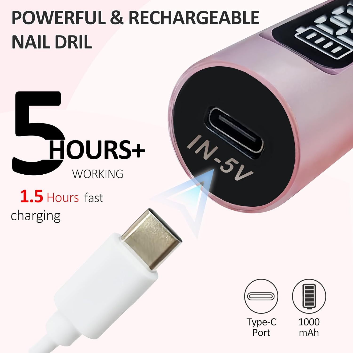 Cordless Nail Drill, Portable Nail File Efile with 12 Bits, LCD Screen & Twist Lock, 35000RPM Low Noise, Professional Nail Drill Kit for Acrylic Nails Gel Polish Manicure Pedicure Salon Quality image number 4