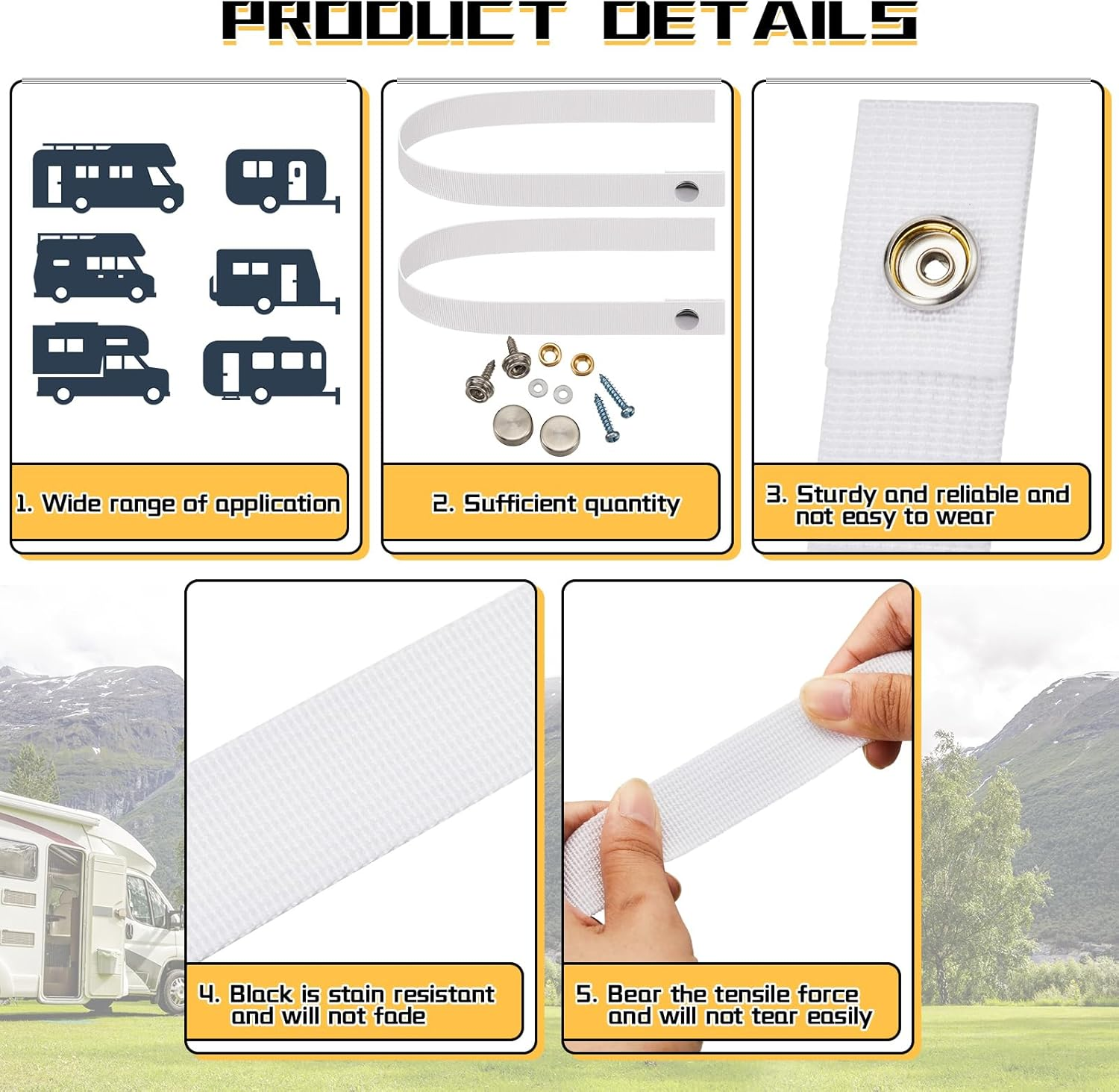 Windyun 2 Pcs RV Door Straps with 4 Pcs Button Snap 18 Inch Camper RV Sliding Door Strap with Snap Boat Ladder Strap Long Security Straps for RV Pocket Door Boat Ladder Secure, White