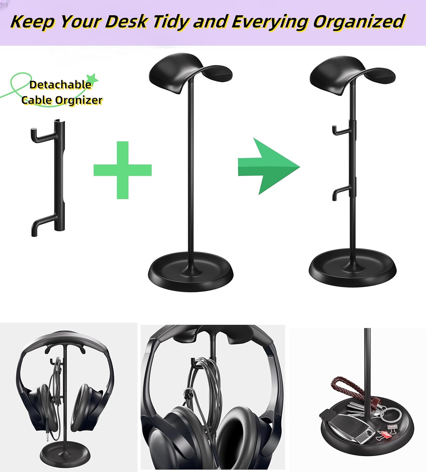 Headphone Stand, Headphone Holder with Cable Organizer Storage Tray Compatible for Airpods Max, Airpods, Airpods Pro, Beats, Bose and Most Gaming Headphones. 【No Tools Required】 ME-2 (White) image number 2