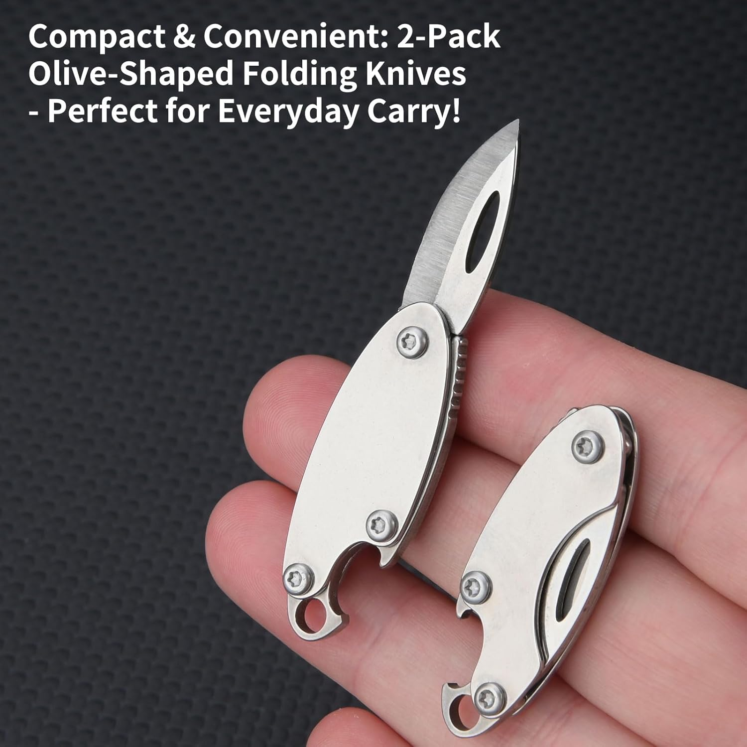 2-Pack Olive-Shaped Stainless Steel Folding Knives &ndash; Compact, Multi-Functional EDC Tool with Bottle Opener, Keychain Attachment, and Sharp 7Cr Steel Blade (1.65" Closed, 0.35 Oz) image number 1