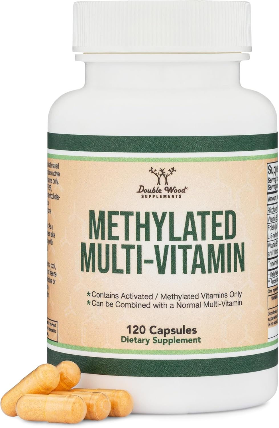 Methylated Multivitamin (Methylated and Activated Vitamins Only - Methylated B Complex with Trimethylglycine (TMG) and Methylfolate)(Non-Gmo, Gluten Free MTHFR Supplement) 120 Capsules by Double Wood