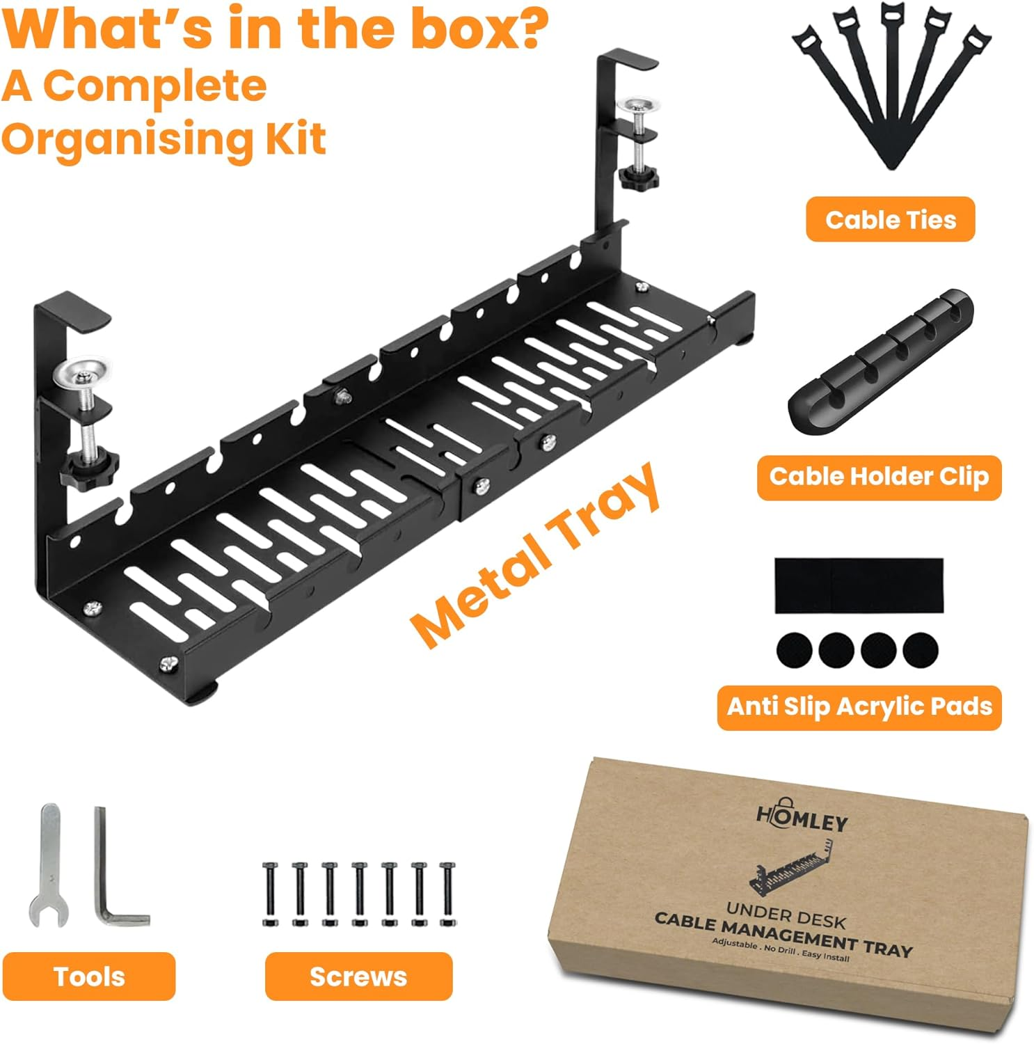 HOMLEY Cable Management Tray, under Desk Cable Organiser, Extendable Desk Organiser, No Drill or Glue, Metal Desk Accessories for Office and Home, Extra Cable Clip and Cable Ties (Black) image number 1