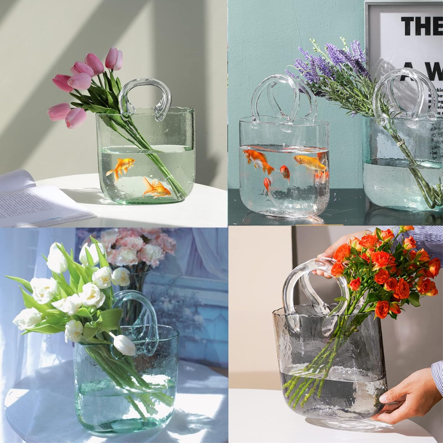 IUIBMI Glass Bag Vase for Flowers, Hand Blown Clear Purse Vase with Bubbles in It, Clear Glass Vase with Handles, Handbag Shape Flower Vase, Unique Fish Tank for Home Wedding D&eacute;cor (Clear) image number 5
