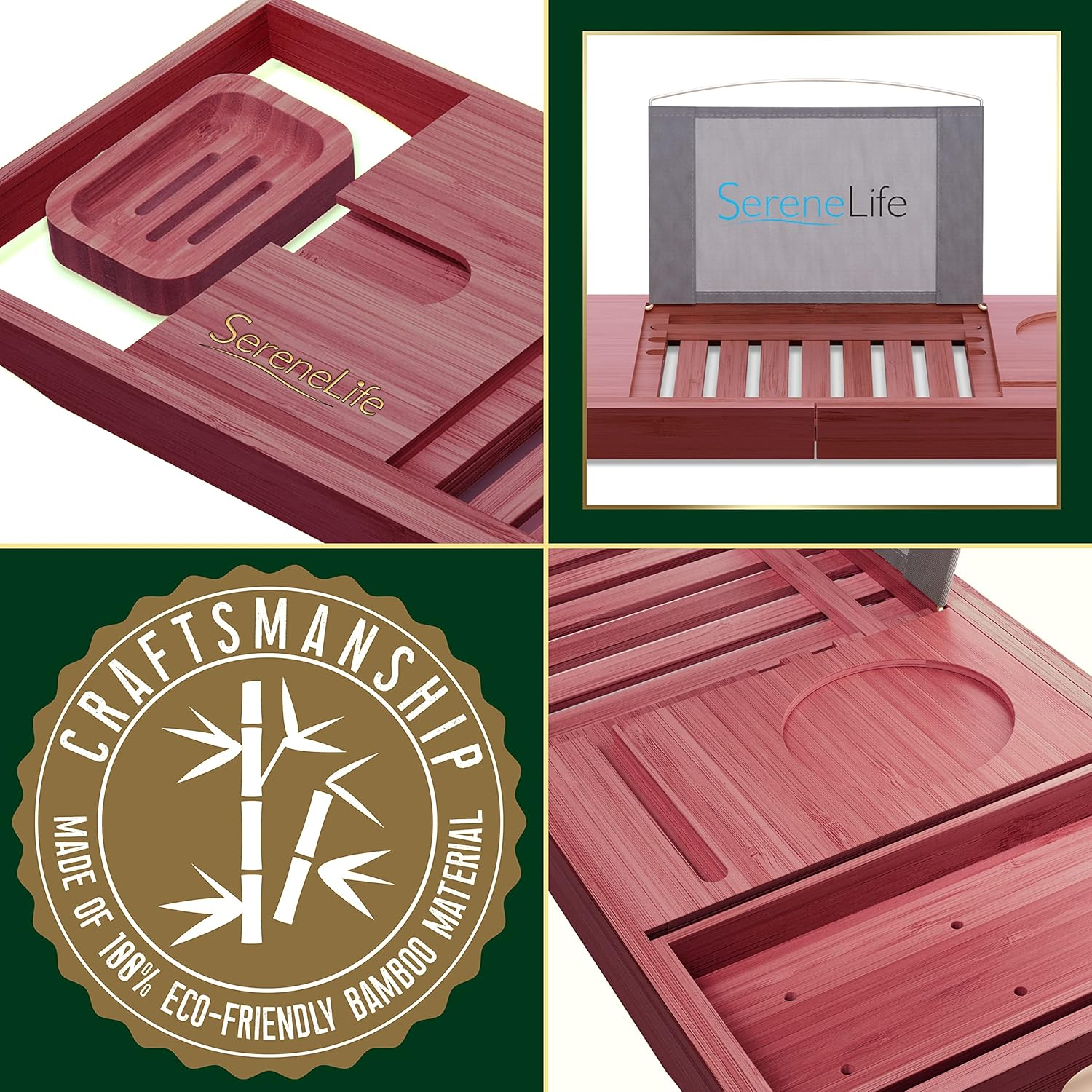 Serenelife Bamboo Bathtub Caddy with Luxury Gift Box and Red Gifting Ribbon Extendable & Adjustable Tray with Device/Book Holder with Removable Trays for Bath Accessories (Stain Brown) image number 5