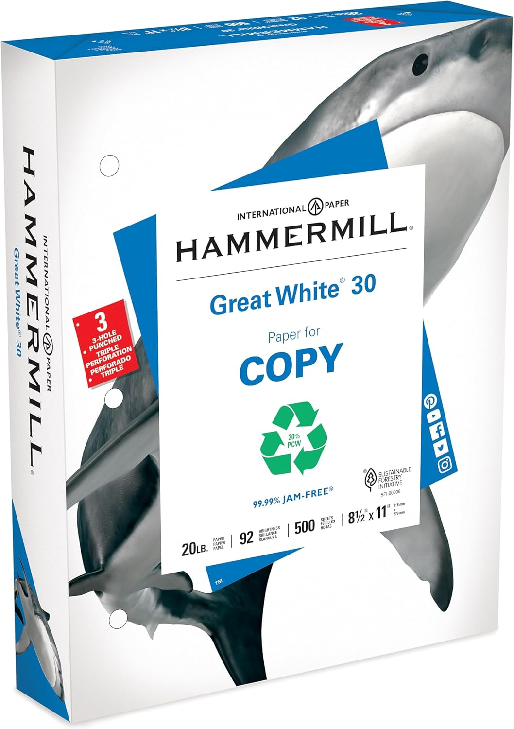 Hammermill Printer Paper, Great White 30% Recycled Paper, 8.5 X 14-1 Ream (500 Sheets) - 92 Bright, Made in the USA, 086704
