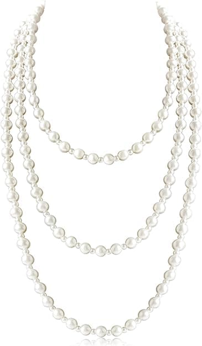 Faux Pearl Necklaces,Women Long Pearl Necklace Costume Jewelry,Pearl Necklace Vintage Multi Strands Necklace,Layered Pendant Pearls Jewelry Pearl Necklaces,White Pearl Costume Necklace