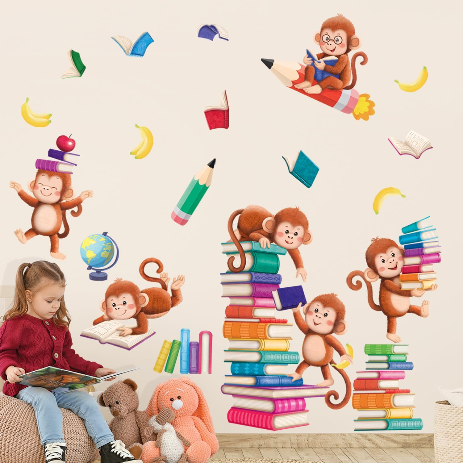 DECOWALL SG2-2402 Books with Reading Monkey Wall Stickers Book Inspirational Decals Baby Library Playroom Nursery School Classroom Animals Decals Removable image number 6