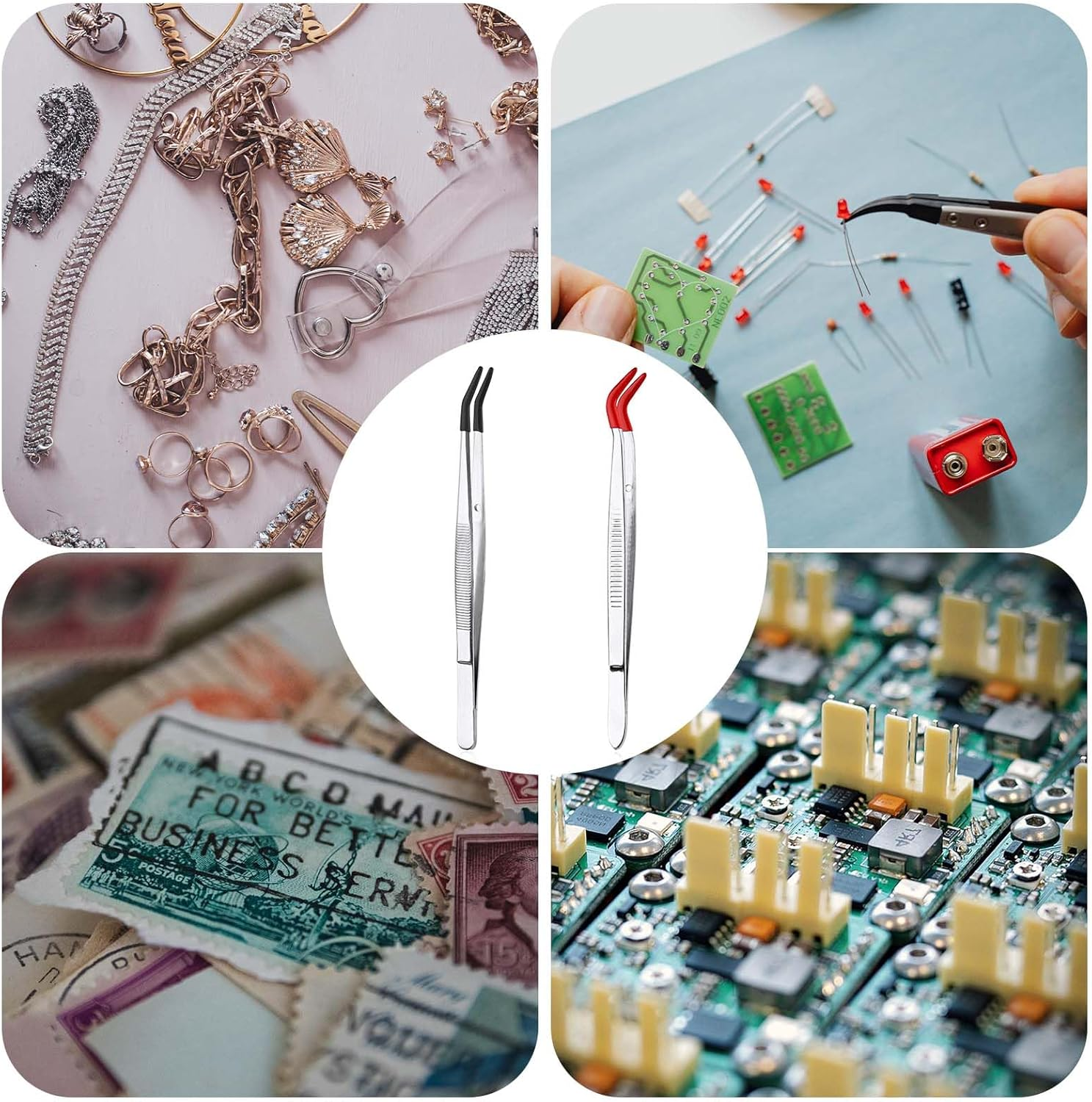 XIHIRCD 2Pcs Bent Tweezers with Rubber Tips, Curved Tip Tweezers, Stainless Steel, Compact, Red, Black image number 1