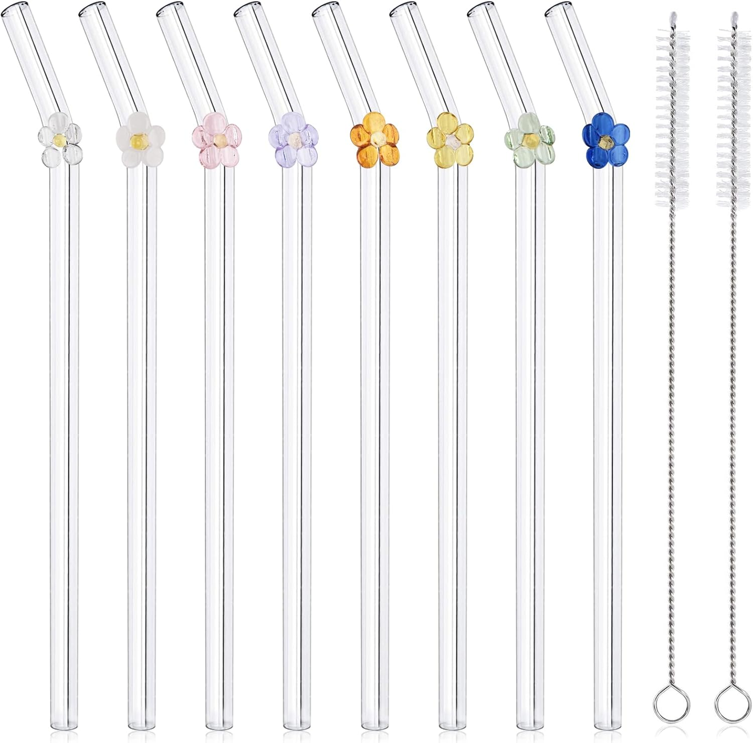 DUMING-IN 6 Pcs Reusable Glass Straws with 2 Cleaning Brushes, Cute Colorful Flower Glass Straw Shatter Resistant, Reusable Straws Dishwasher Safe for Smoothies, Milkshakes, Juices, Teas image number 1