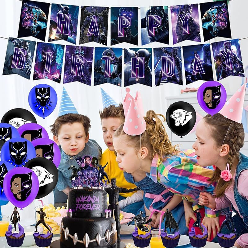 Dinoeye Black Panther Birthday Party Supplies: 18Pcs Balloons, 13Pcs Cake Decorations, 1Pc Banner image number 4