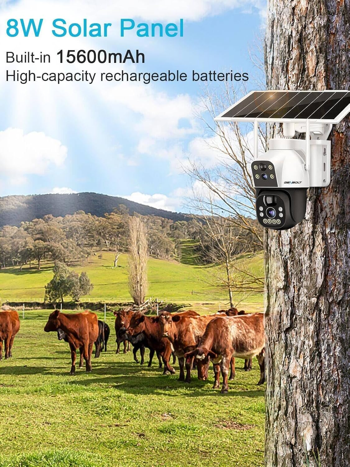 GENBOLT 3G/4G LTE Cellular Solar Security Camera Outdoor Wireless, 8W 15600Mah Battery Operated Surveillance Camera No Wifi, Dual Lens Spotlight IP Camera CCTV with SIM Card image number 4