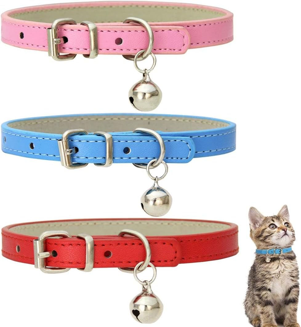 SULIUDAJI 3 Pieces Leather Cat Collar, Safety Collar for Cats with Elastic Strap, Kitten Band with Bell, Red, Blue, Pink image number 4