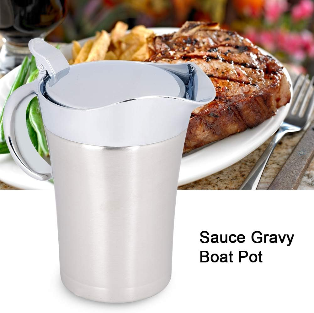 304 Stainless Steel Gravy Boat, Gravy Pourer with Hinged Lid, Thermal Insulated Double Wall Sauce Boat, Gravy Boat and Saucer, Kitchen Supplies(Large 750Ml) image number 1