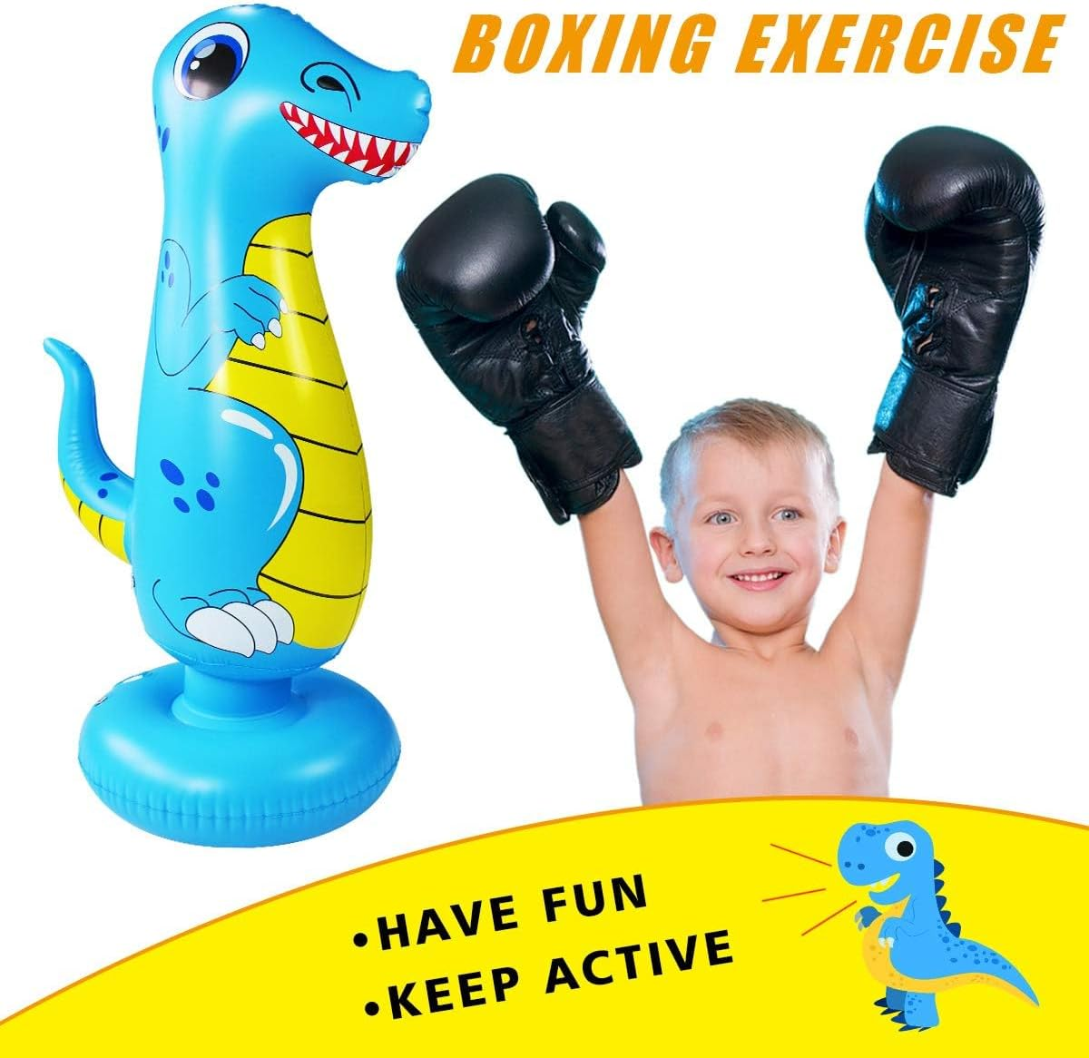Punching Bag for Kids 47" Inflatable Dinosaur Bop Bag Free Standing Boxing Bag for Immediate Bounce Back Heavy Punching Bag for Practicing Karate,Taekwondo,De-Stress Boxing Bag for Boy/Girl - Blue image number 6