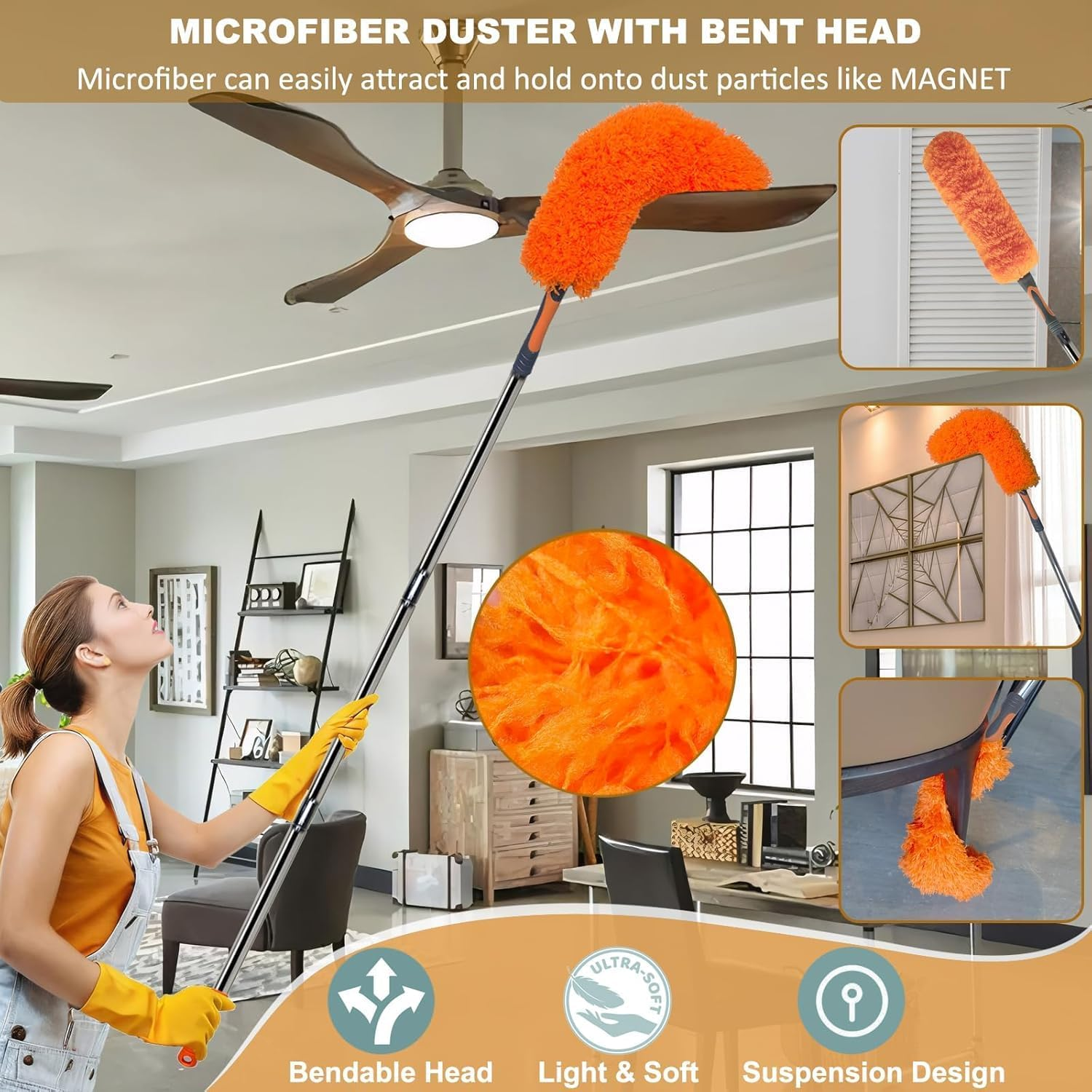 20 Ft+ High Reach Duster Kit with 3-13 Ft Detachable Pole//High Ceiling Chenille, Microfiber & Cobweb Dusters & Cleaning Tool for Home Indoor & Outdoor image number 3