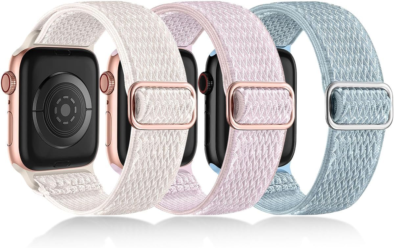 T Tersely 3Pack Stretchy Nylon Bands Compatible with Apple Watch Series 11 SE3 10 9 8 7 6 5 4 3 2/Se,42/41/40/38Mm Adjustable Breathable Elastic Sport Strap Solo Loop for Apple