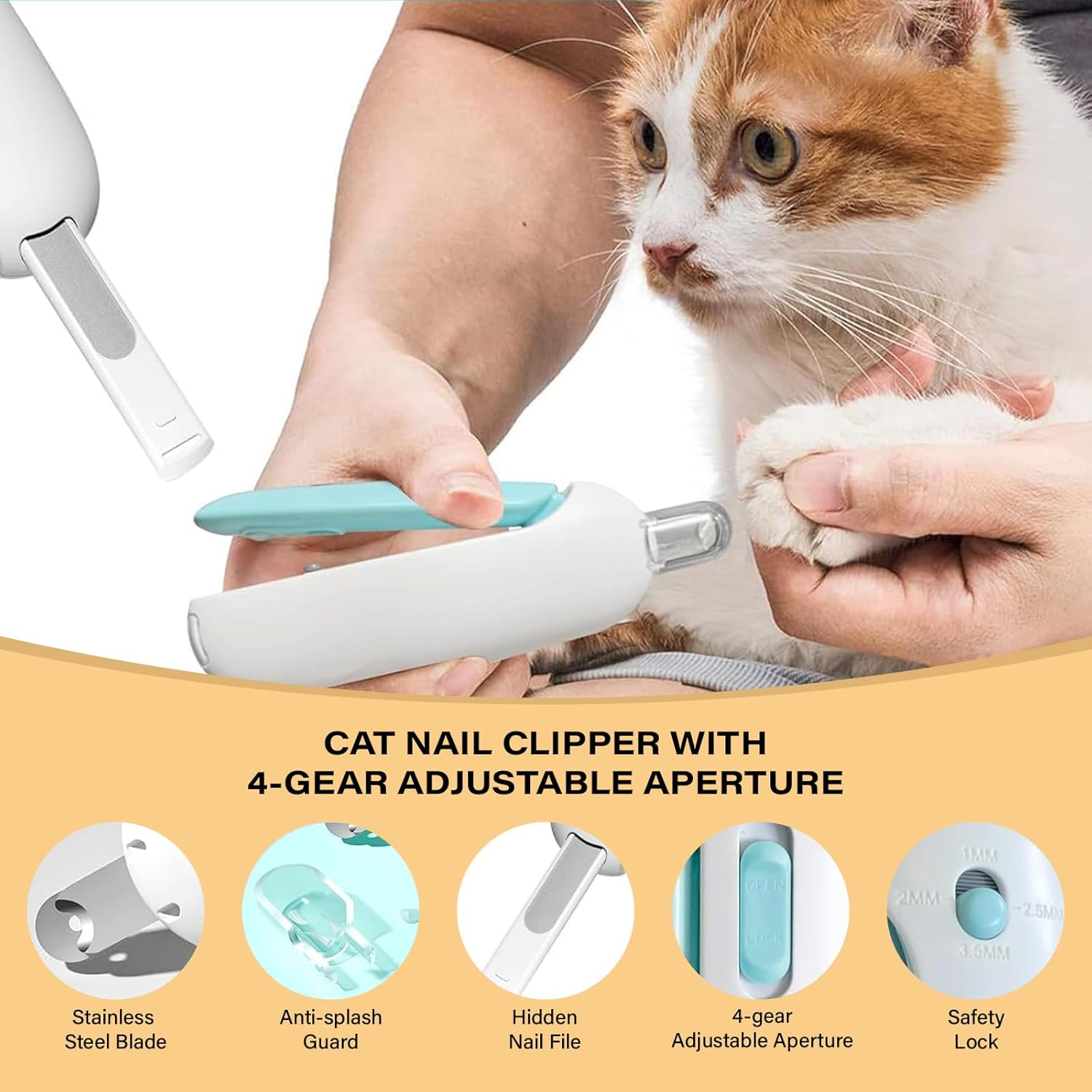 Cat Nail Clipper with Adjustable Aperture ，Clipping Debris Storage, Adjustable Sizes, Hidden Nail File, round Hole Blade for Injury-Free Grooming Tool for Pets image number 4