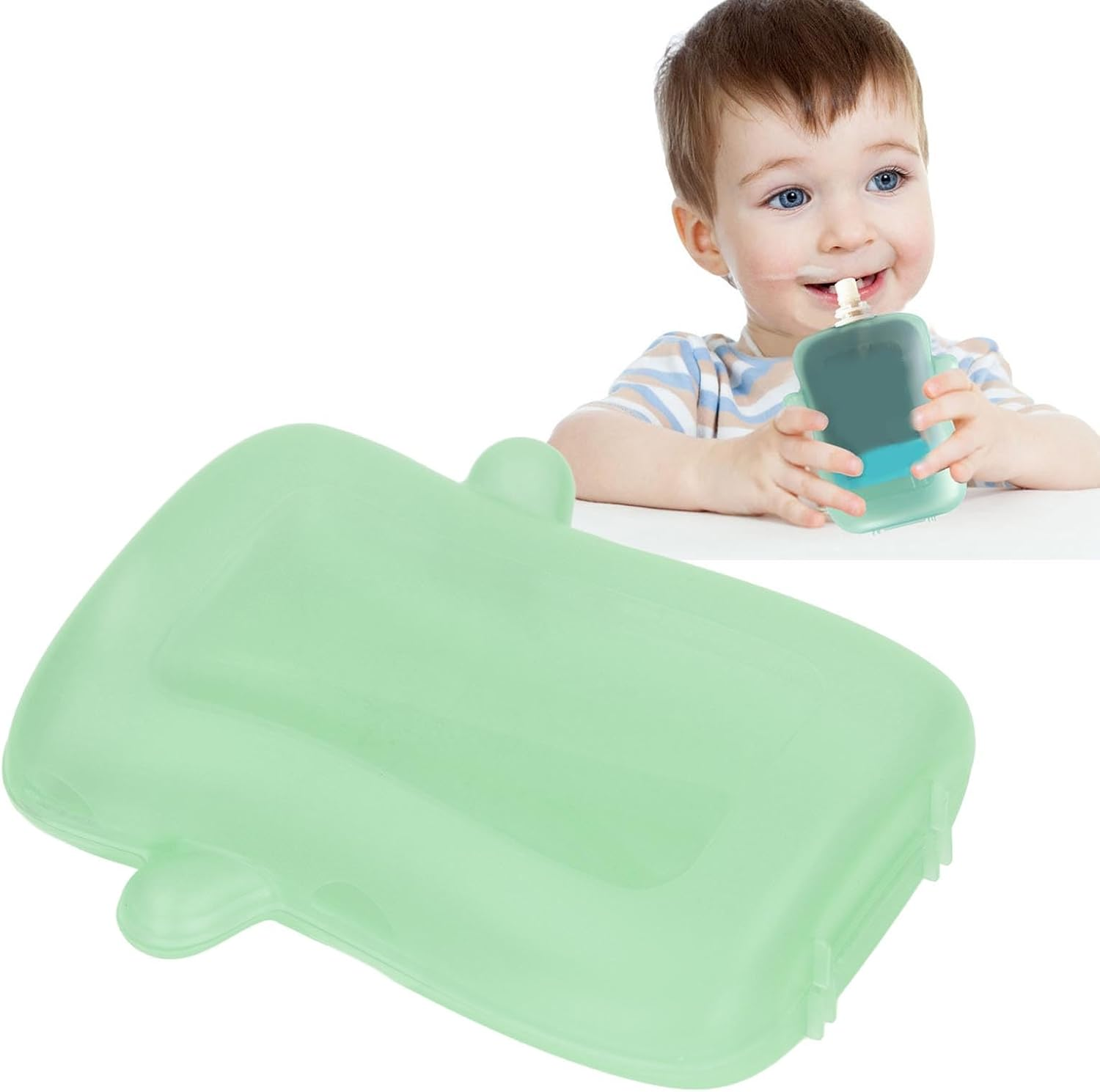 Squeeze Proof Flipping Holder for Food Pouches & Juice Boxes, Universal Multipurpose Prevent Messes Support Self Feeding Baby Juice Box Holder for Toddlers (Green) image number 4