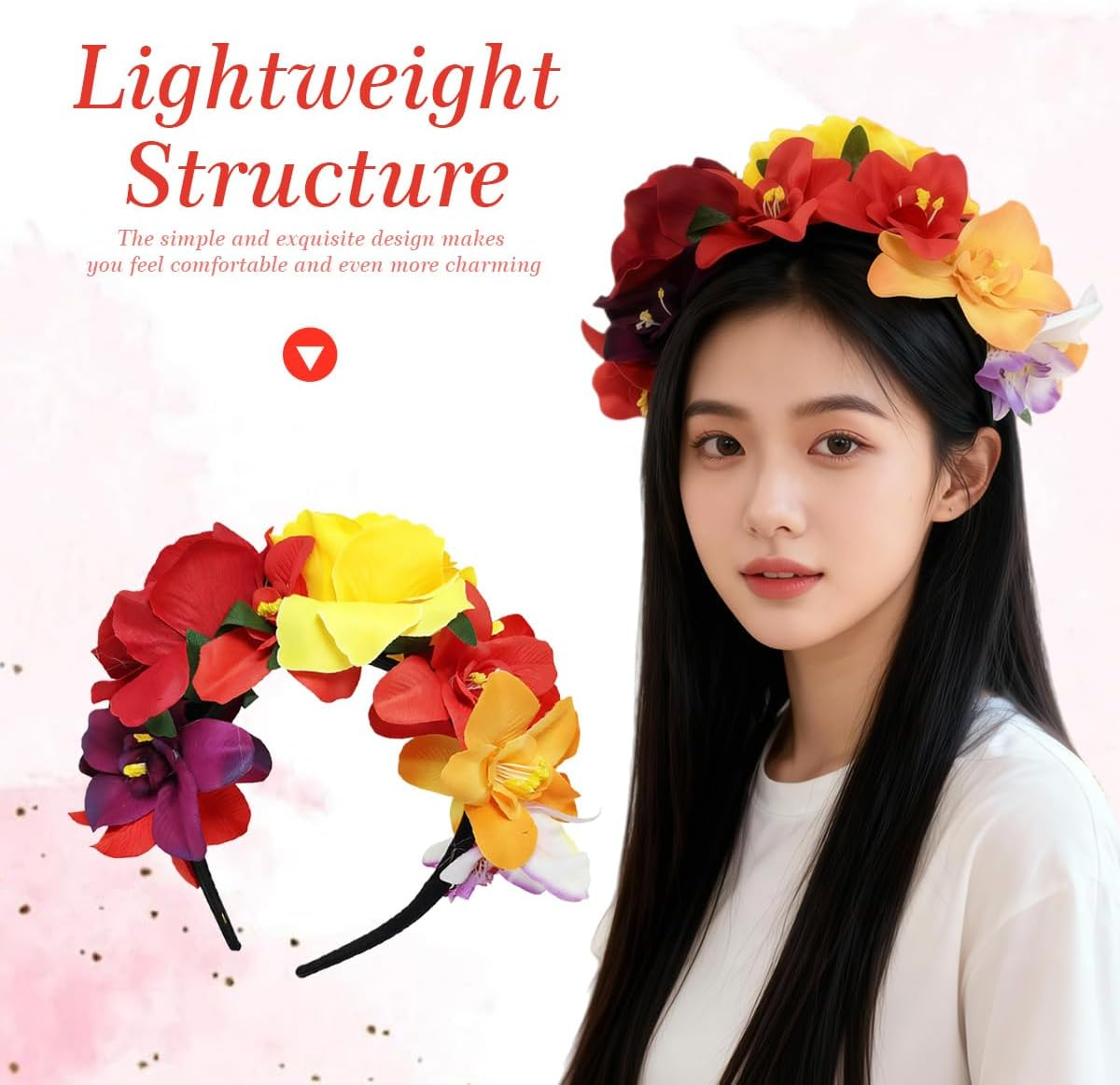 Mexican Flower Crown Headband Halloween Flower Headband Bohemia Floral Hairband Rose Flower Crown Party Costume Day of the Dead Headpiece Cosplay Hair Accessories image number 4