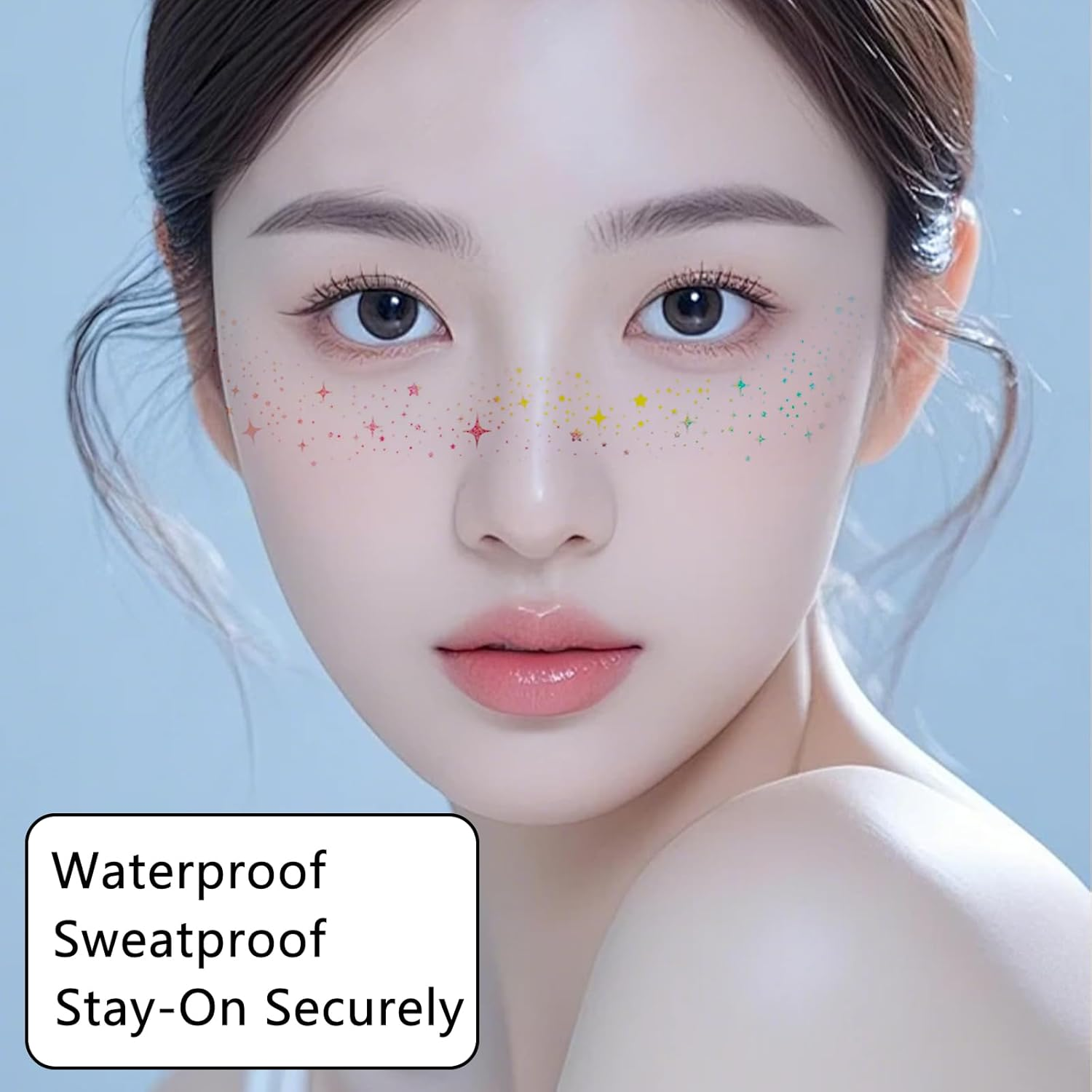 Luzcauwy 12PCS Silver Holographic Face Glitter Freckles Temporary Tattoos, Waterproof Sparkle Star Stickers for Festival, Rave, Halloween, Concert, Shiny Metallic Makeup Stickers for Women & Girls image number 5