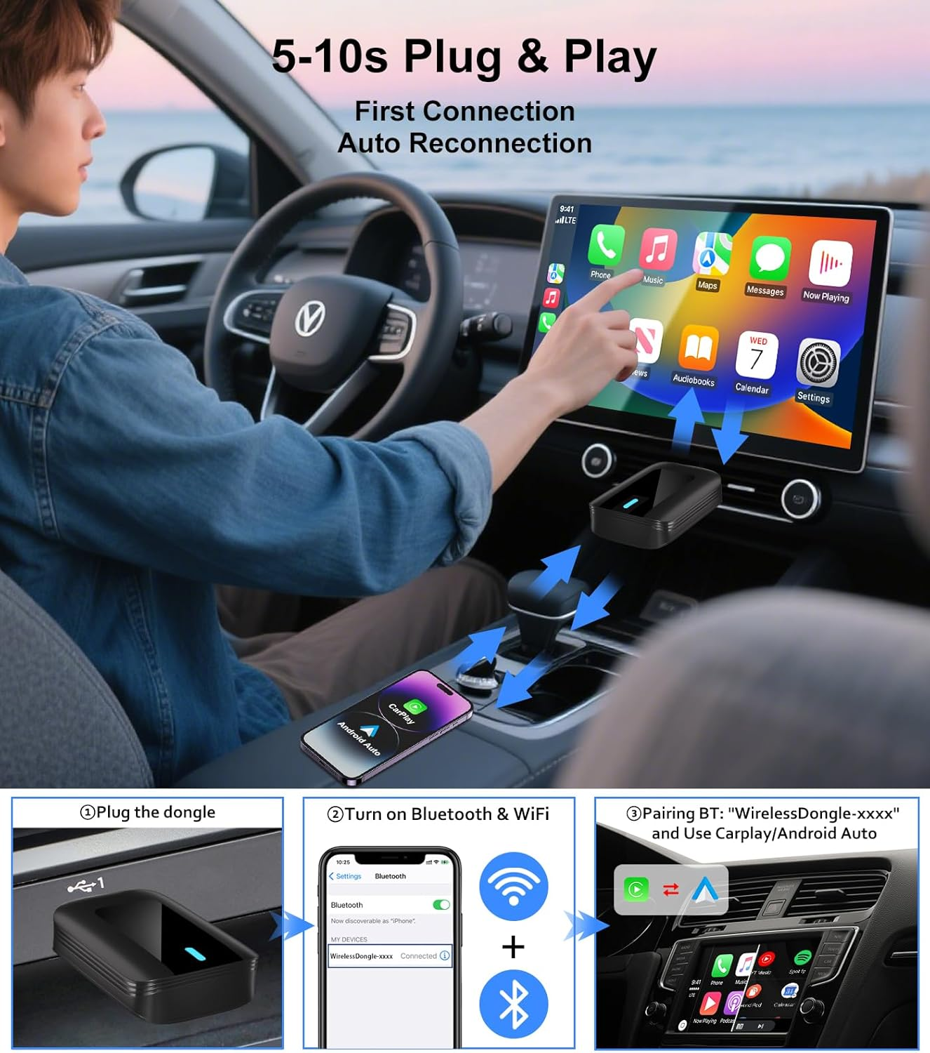 Wireless Carplay Adapter, 2 in 1 Android Auto Plug&Play Magic Link Stable Fast Connection, Convert OEM Wired to Wireless Carplay Dongle Adapter for Iphone Ios 10+/Android 11+, Cars 2016+ image number 3