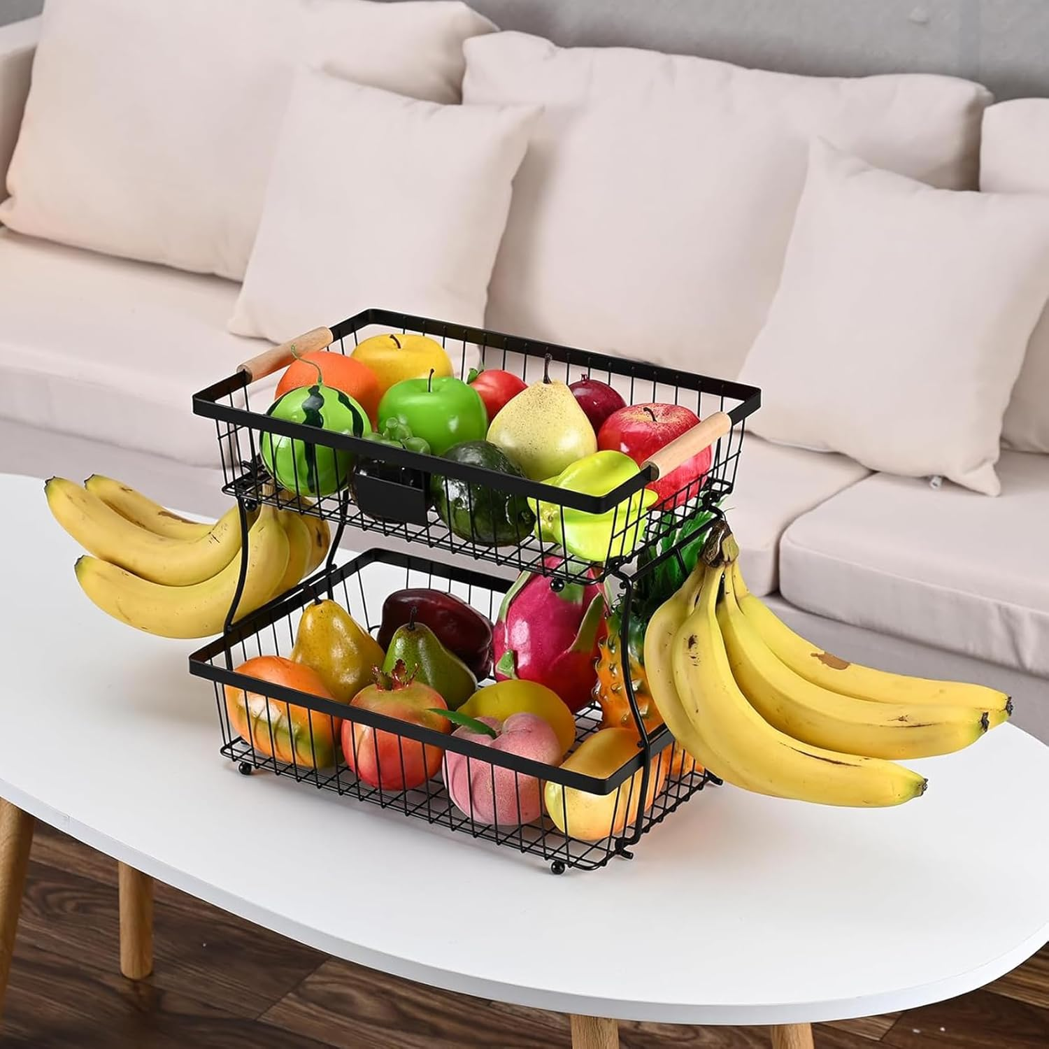 2-Tier Fruit Basket, Detachable Vegetable Basket Bowl with 2 Banana Hangers, Kitchen Countertop Fruit Stand Holder, Metal Wire Storage Organizer for Bread Snack Veggies Produce, Black 41*24*29Cm image number 4