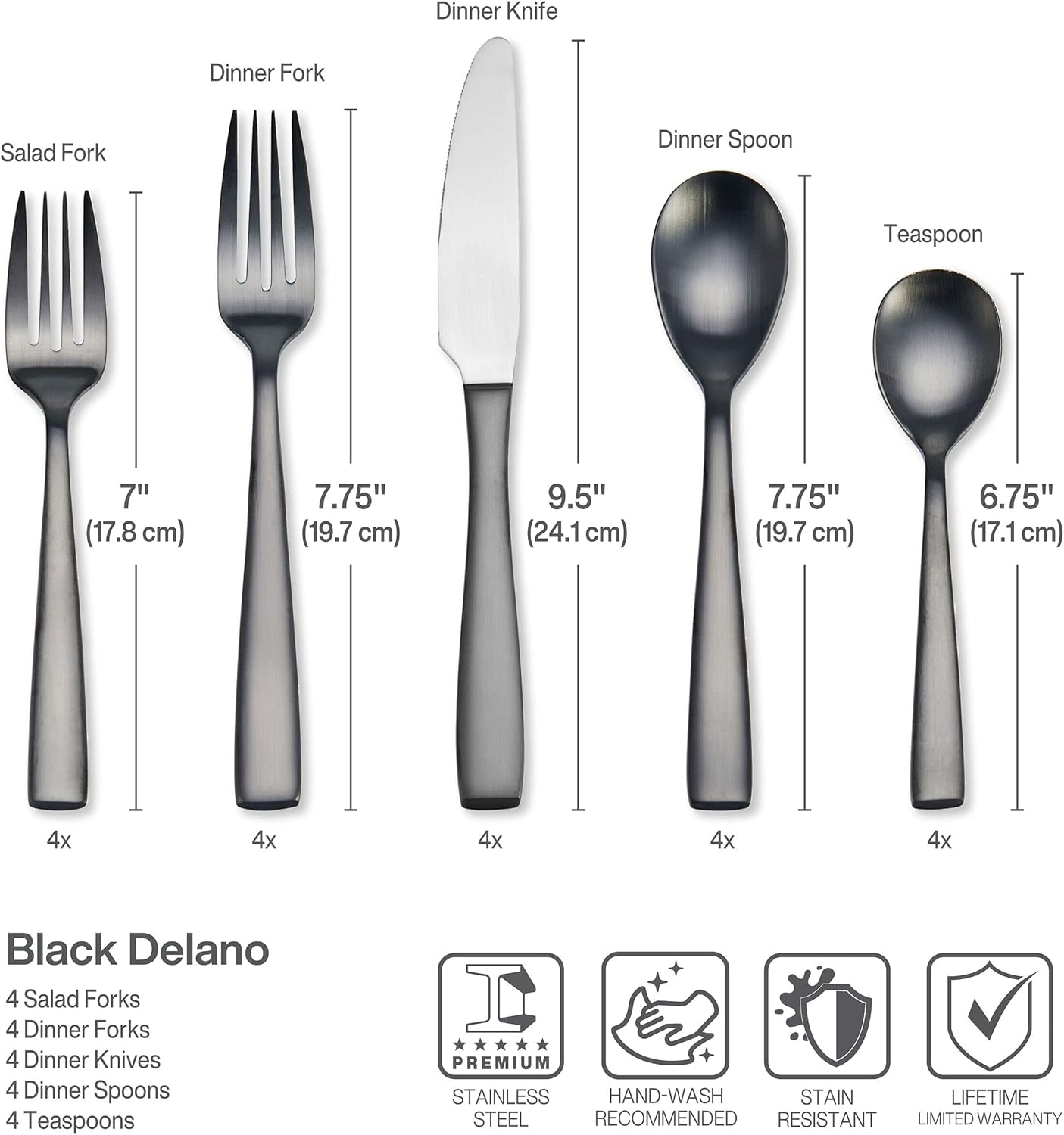 Mikasa Delano Black Satin 20-Piece Stainless Steel Flatware Set, Service for 4 image number 1