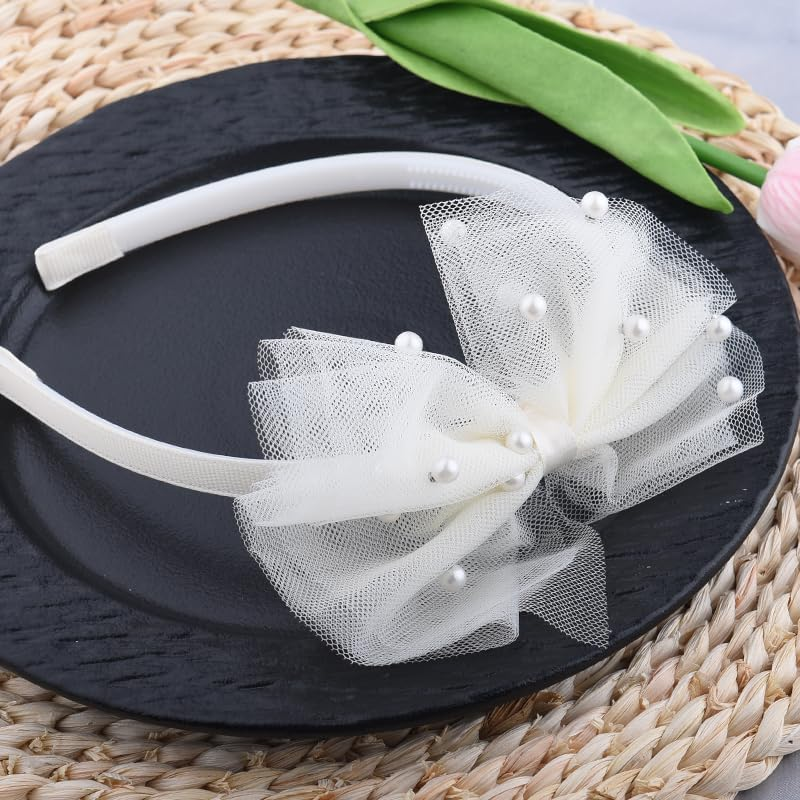 Beige Bow Headband with Pearl for Toddlers Girls Lace Veil Bowknot Hair Hoop Hairband for Girls Hair Bow Accessories Thin Adjustable Headbands No Teeth Big Knotted Bow Hair Band for Kids Girls Women image number 1