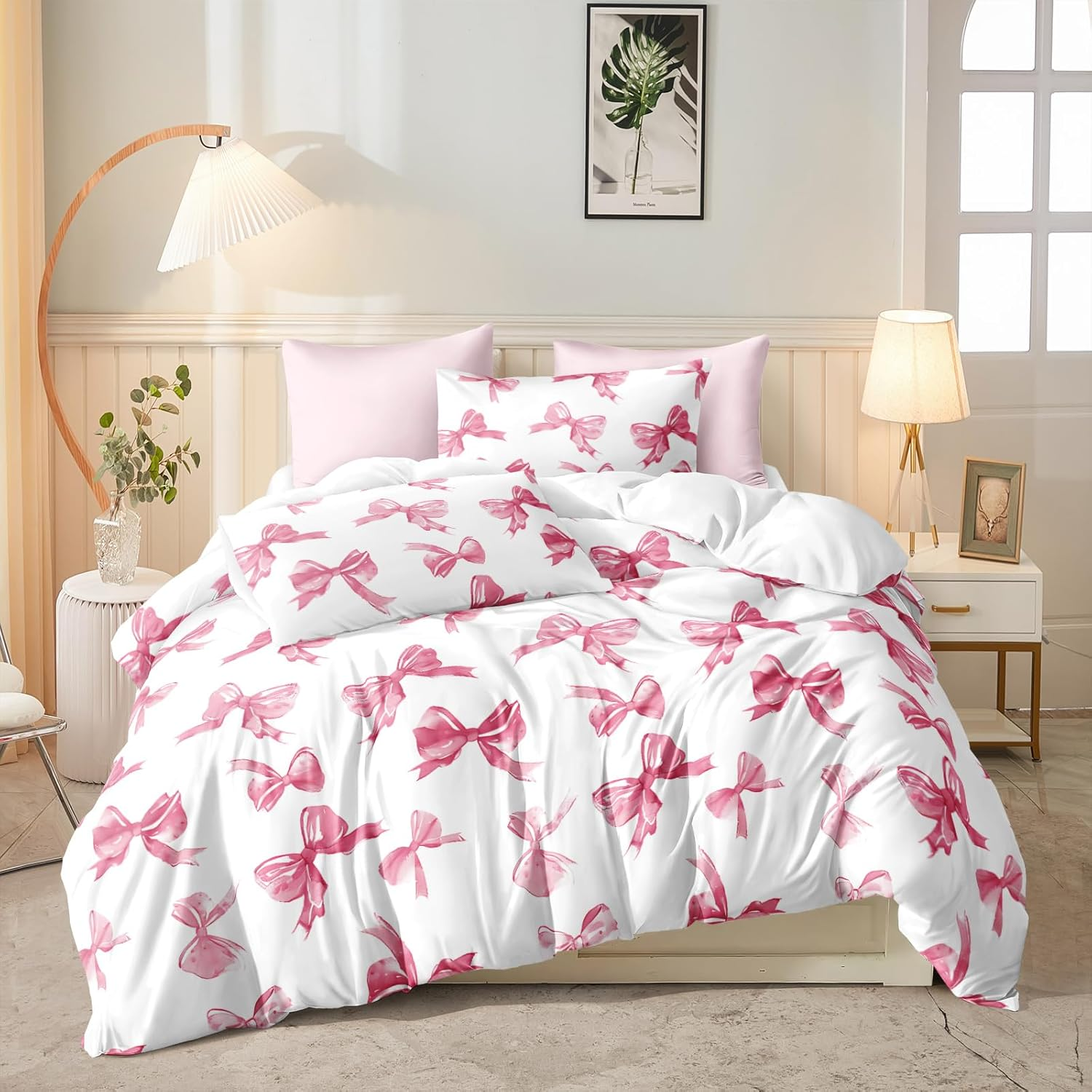 Herside Girls Pink Duvet Cover Set Super King Pink Kawaii Bowknot Design Ultra Soft Microfibre Easy Care Bedding Set 3 Pieces Quilt Cover for Adult Women Bedroom Decor with Zipper Closure