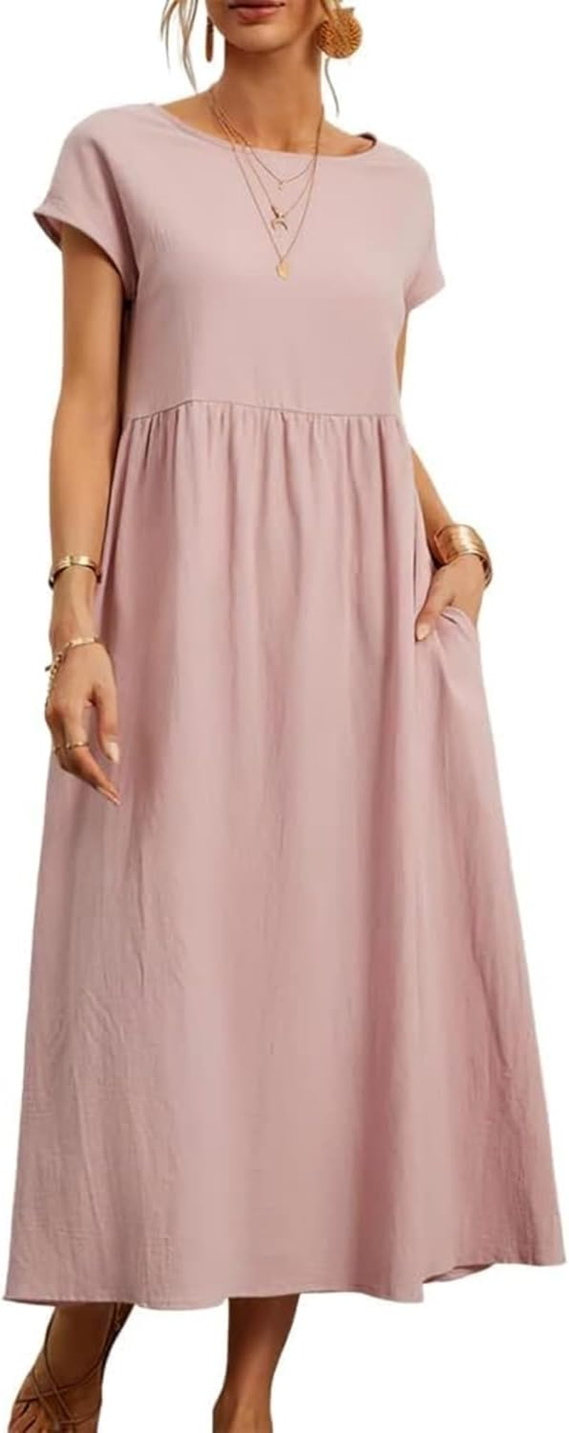 Women'S Cotton Linen Pleated Midi Dresses Casual round Neck Shift Dress Short Sleeve Beach Vacation Sundress