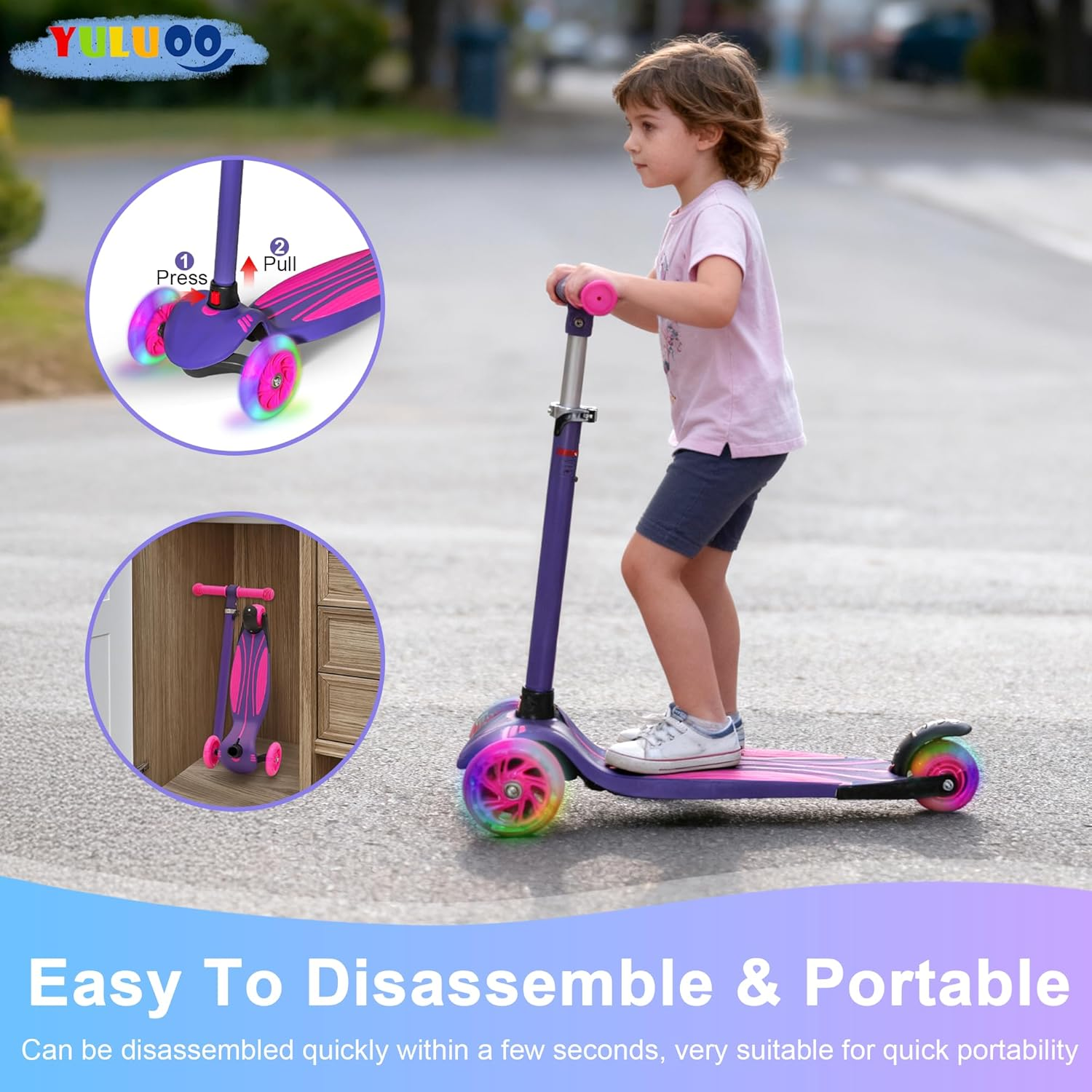 Kids Scooters for Boys Girls, 3 Wheel Kick Scooter with Light up LED Wheels, 3 Adjustable Height,R Ear Brake,Lean to Steer, Detachable ＆ Portable Lightweight Scooter for Children Ages 3-12 - Blue image number 4