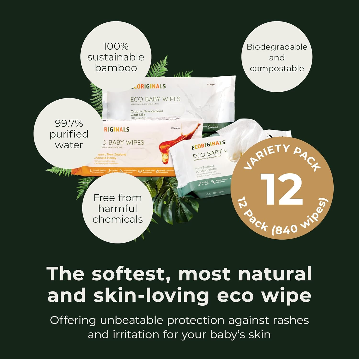 Ecoriginals - 12 Pack of Wet Wipes - Biodegradable Baby Wipes with New Zealand Purified Water, Manuka Honey & Goat Milk Baby Wipes Multipack - Sensitive Baby Wipes - 12 Pack (840 Wipes)