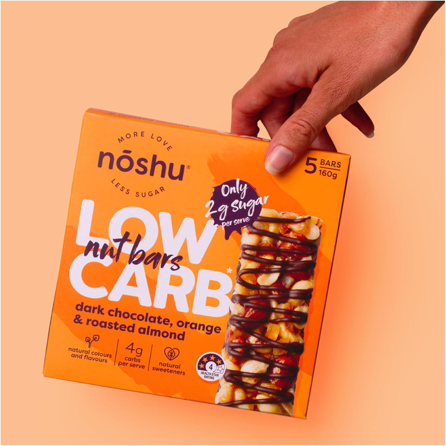 Noshu Low Carb Dark Chocolate Orange & Roasted Almond Nut Bars &ndash; 5 Pack (160G)